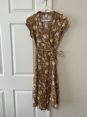 Old Navy Floral Wrap Dress Mustard Yellow Midi Tie Waist Size S